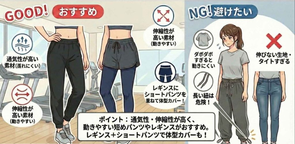女性がジムで着用するボトムスのおすすめとNG例