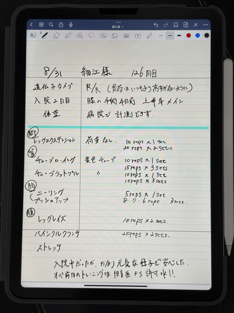 担当トレーナーが作成した入院時のトレーニングメニューメモ