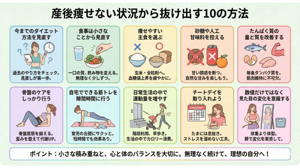 ①今までのダイエット方法を見直す
②食事は小さなことから見直す
③痩せやすい主食を選ぶ
④砂糖や人工甘味料を控える
⑤たんぱく質の量と質を改善する
⑥骨盤のケアをしっかり行う
⑦自宅でできる筋トレを隙間時間に行う
⑧日常生活の中で運動量を増やす
⑨チートデイを取り入れよう
⑩数値だけではなく見た目の変化を意識する