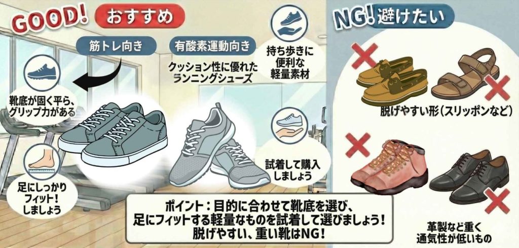女性がジムで着用するシューズのおすすめとNG例