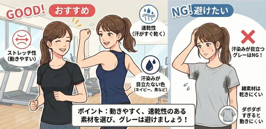 女性がジムで着用するトップスのおすすめとNG例